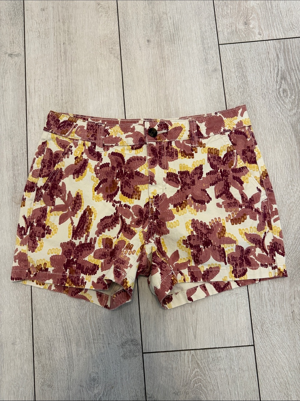 Floral Print Jean Shorts in Cream, Burgundy & Yellow, 4/30” w